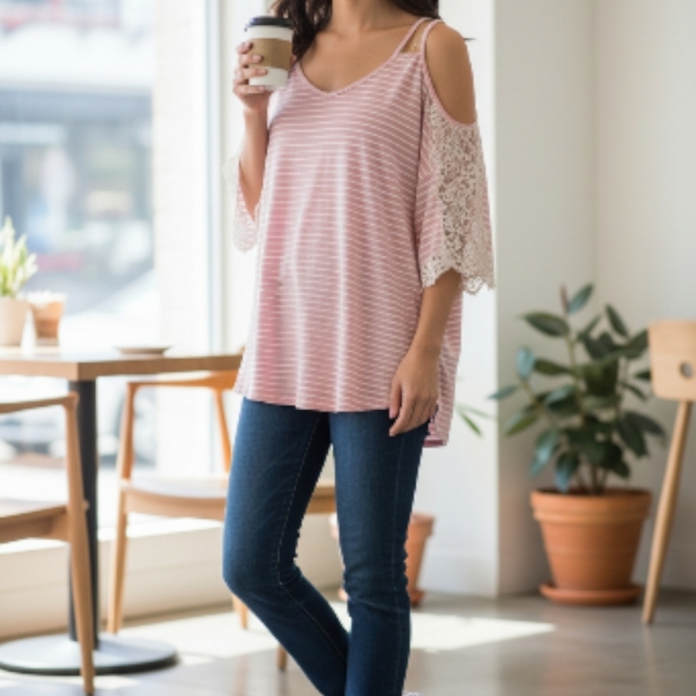 🌸 Umgee Pink Striped Cold Shoulder Blouse w/ Lace Sleeves 🌸